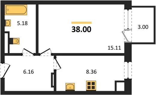 Квартира 1-комн. 38 кв. м