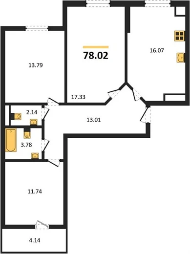 Квартира 3-комн. 78.2 кв. м