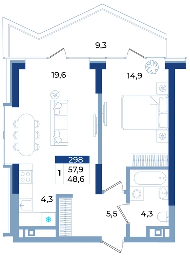 Апартаменты 1-комн. 57.9 кв.м