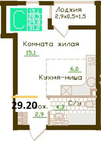 Квартира Студия 29.2 кв. м