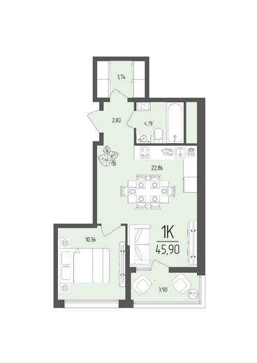 Квартира 1-комн. 45.9 кв. м
