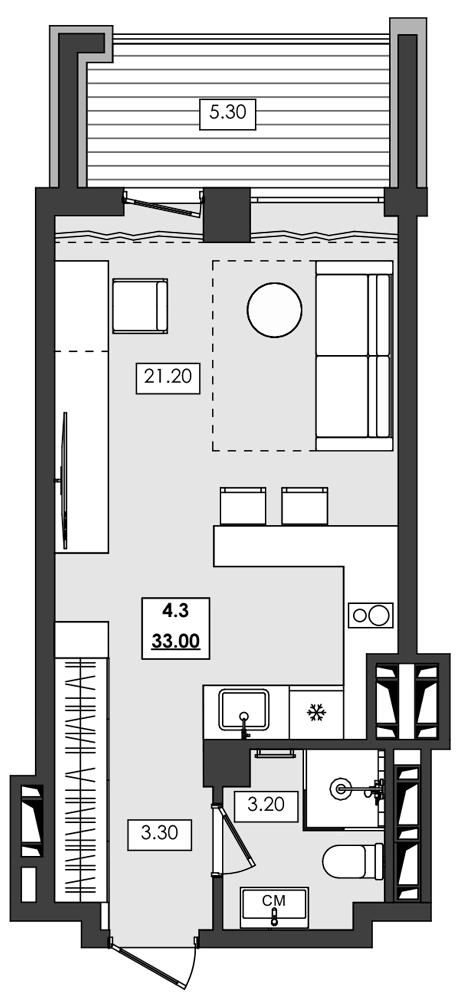 Апартаменты 1-комн. 33 кв. м