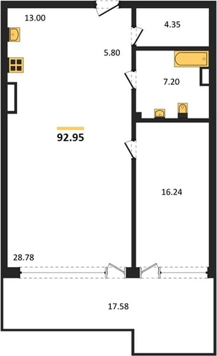 Апартаменты 1-комн. 92.95 кв. м
