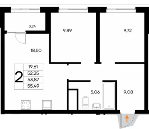 Квартира 2-комн. 55.49 кв. м