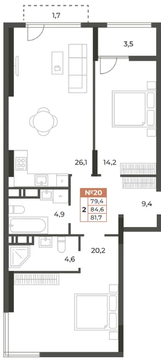 Квартира 2-комн. 81.7 кв.м
