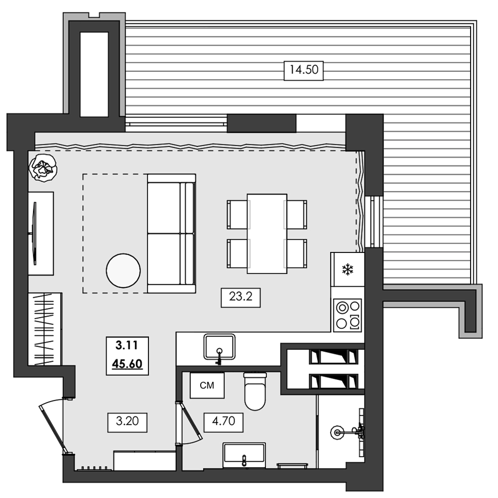 Апартаменты 1-комн. 45.6 кв. м