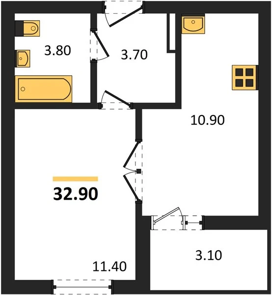 Квартира 1-комн. 32.9 кв. м