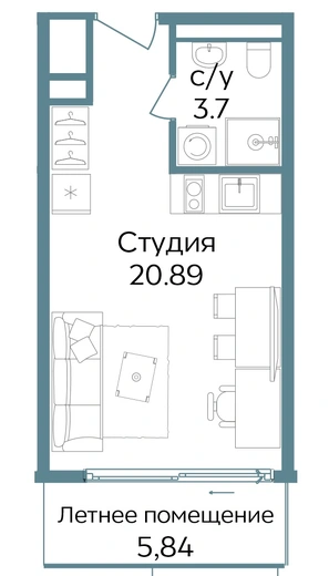 Апартаменты 1-комн. 30.43 кв. м