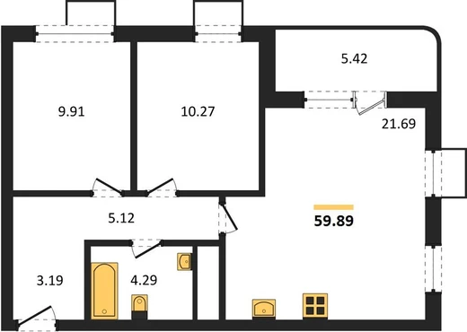 Квартира 2-комн. 59.89 кв. м