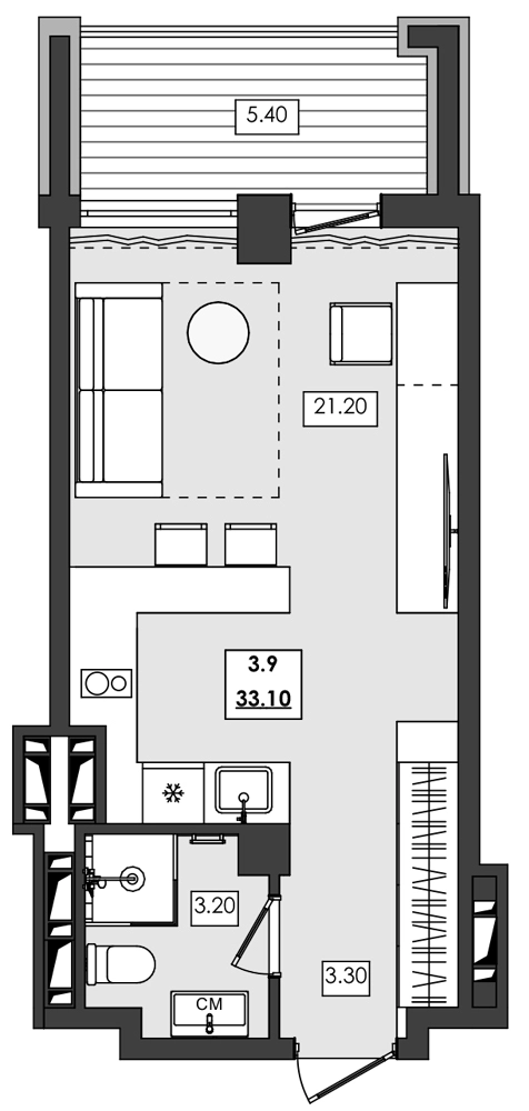 Апартаменты 1-комн. 33.1 кв. м