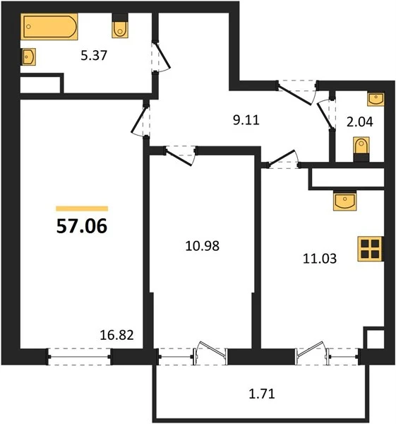 Квартира 2-комн. 57.52 кв. м