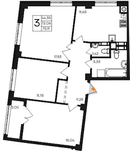 Квартира 3-комн. 75.11 кв. м