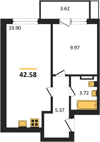 Квартира 1-комн. 42.58 кв. м