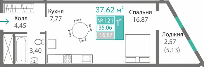 Квартира 1-комн. 35.06 кв.м