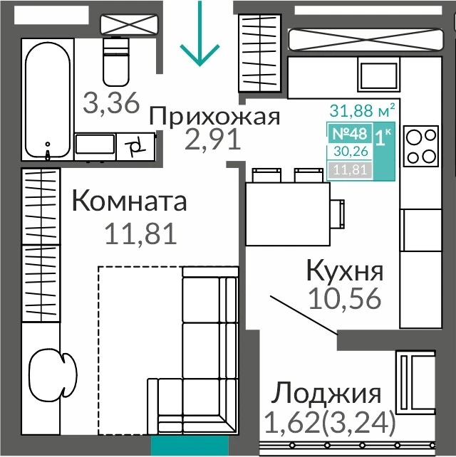 Квартира 1-комн. 30.26 кв.м