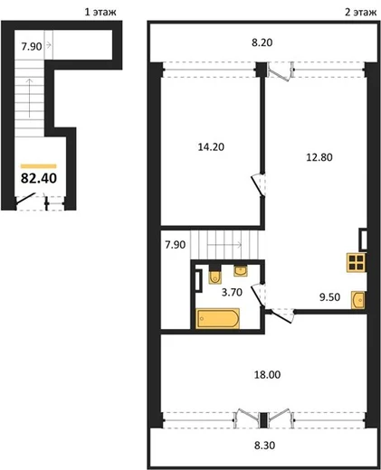 Апартаменты 2-комн. 82.4 кв. м