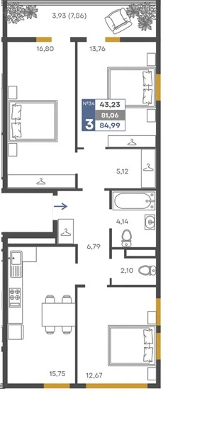 Квартира 3-комн. 81.06 кв. м