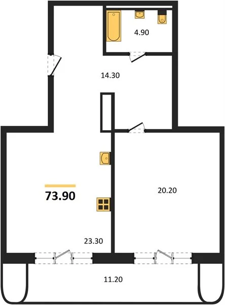 Квартира 1-комн. 73.9 кв. м