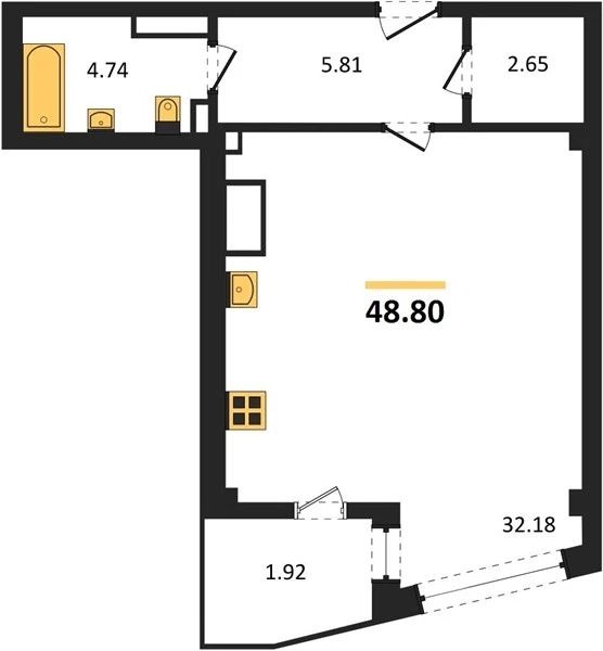 Апартаменты 1-комн. 48.8 кв. м