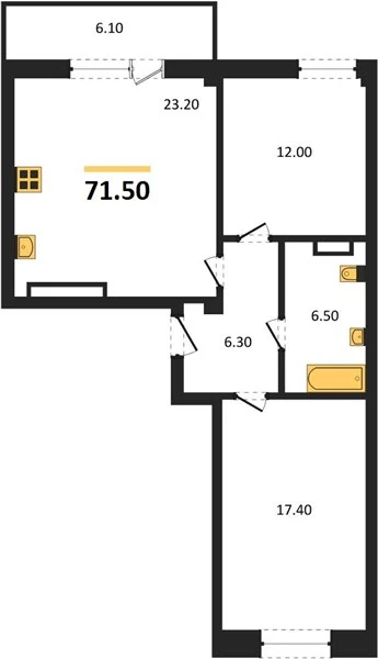 Квартира 2-комн. 71.5 кв. м