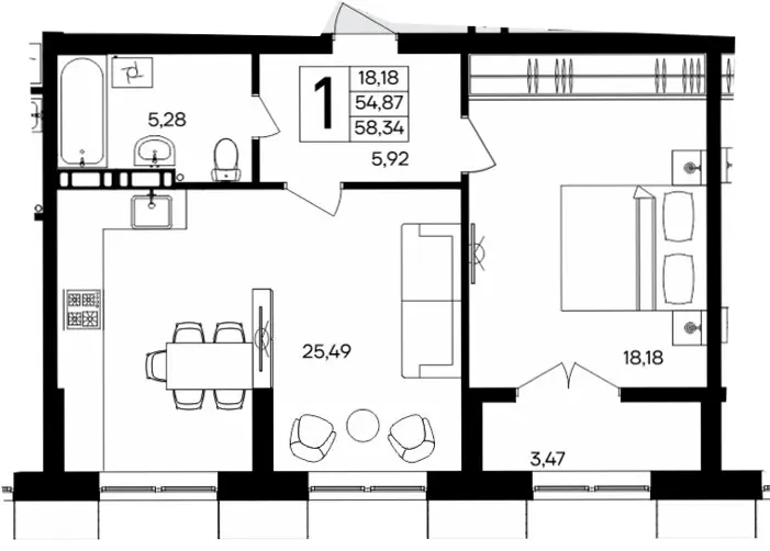 Квартира 1-комн. 58.34 кв. м