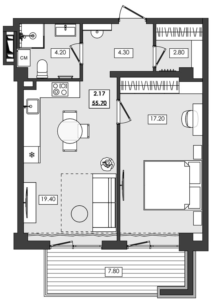 Апартаменты 2-комн. 55.7 кв. м