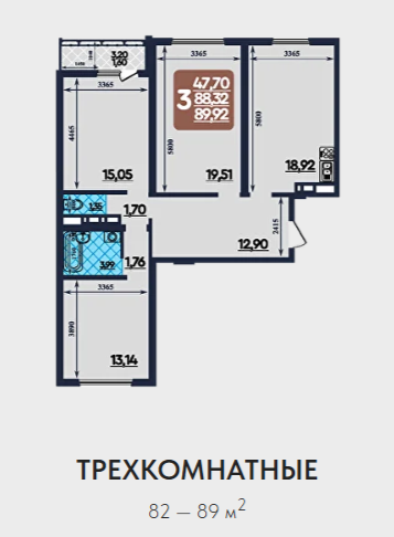 Квартира 3-комн. 82 кв. м