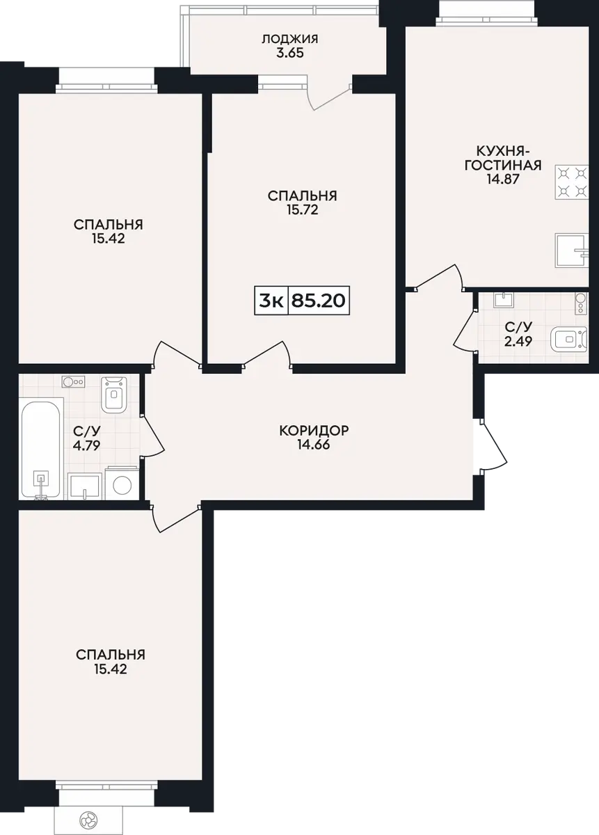 Квартира 3-комн. 85.2 кв. м