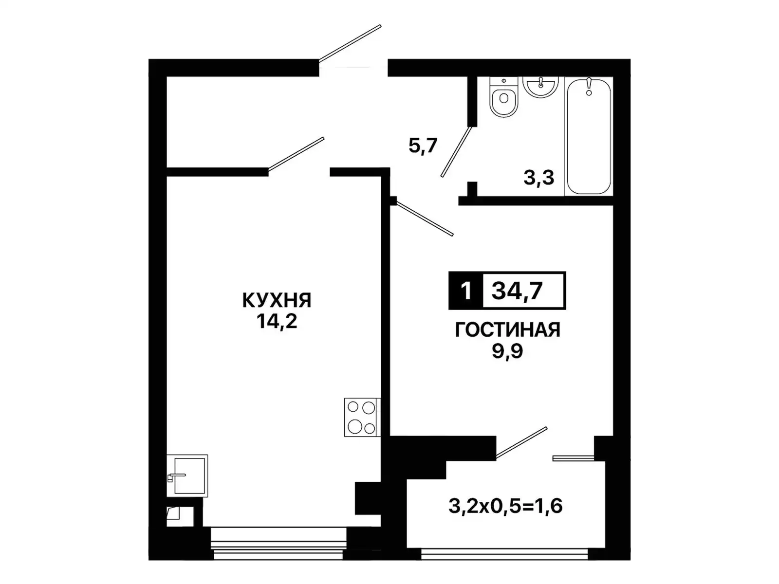 Квартира 1-комн. 34.7 кв. м