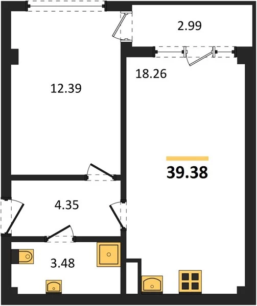 Квартира 1-комн. 39.38 кв. м