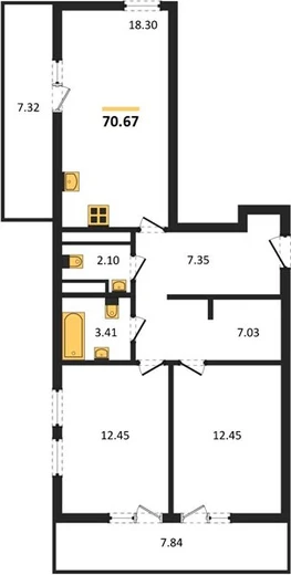 Квартира 2-комн. 70.67 кв. м