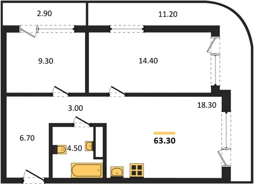 Квартира 2-комн. 63.3 кв. м