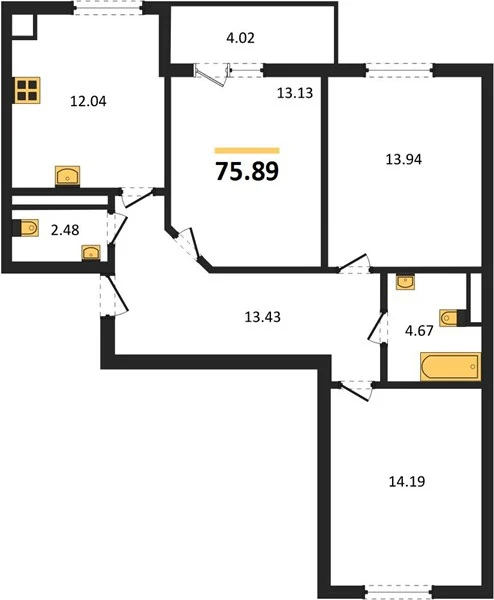 Квартира 3-комн. 75.89 кв. м