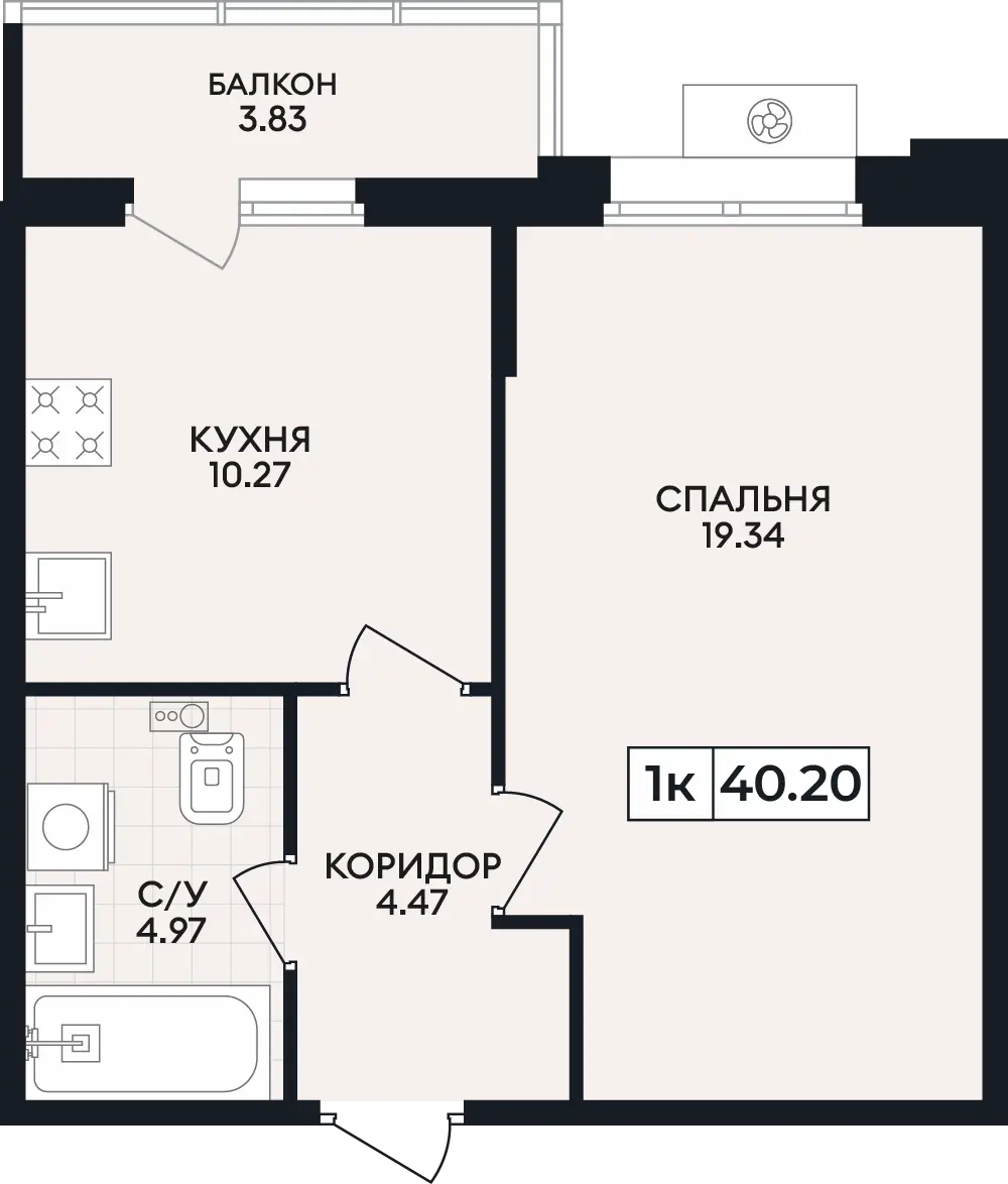 Квартира 1-комн. 40.2 кв. м
