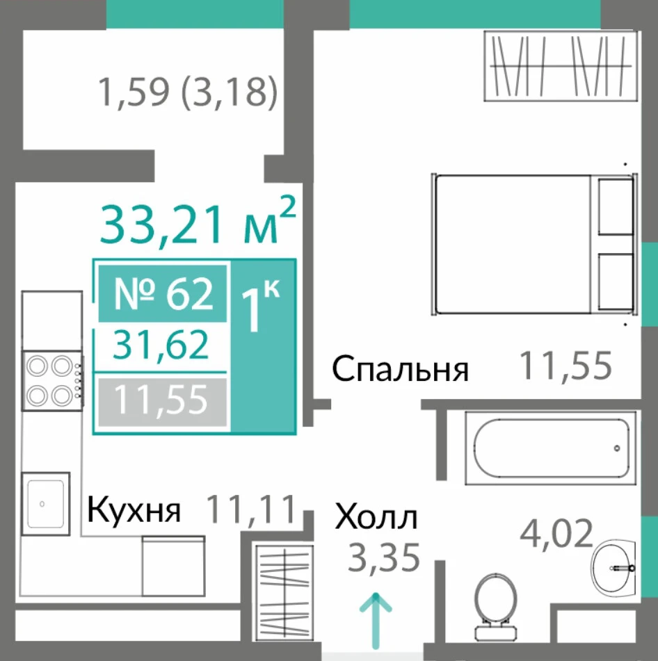 Квартира 1-комн. 31.62 кв.м