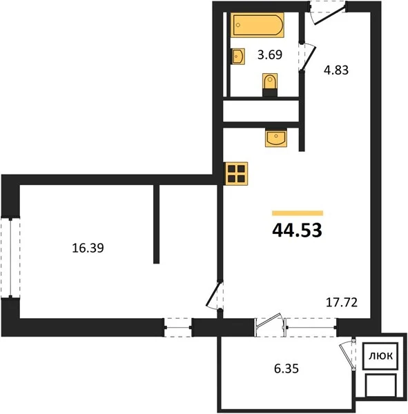 Квартира 1-комн. 44.53 кв. м