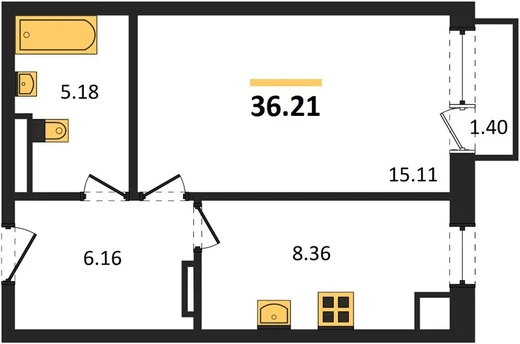 Квартира 1-комн. 36.3 кв. м