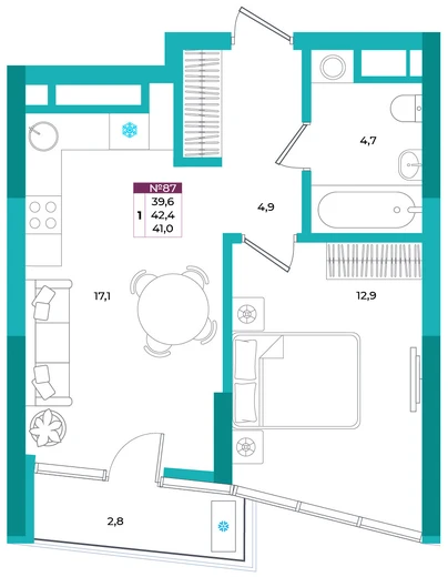 Квартира 1-комн. 41 кв.м