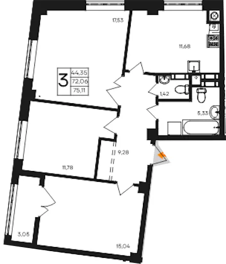 Квартира 3-комн. 75.11 кв. м