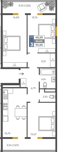 Квартира 3-комн. 85 кв. м