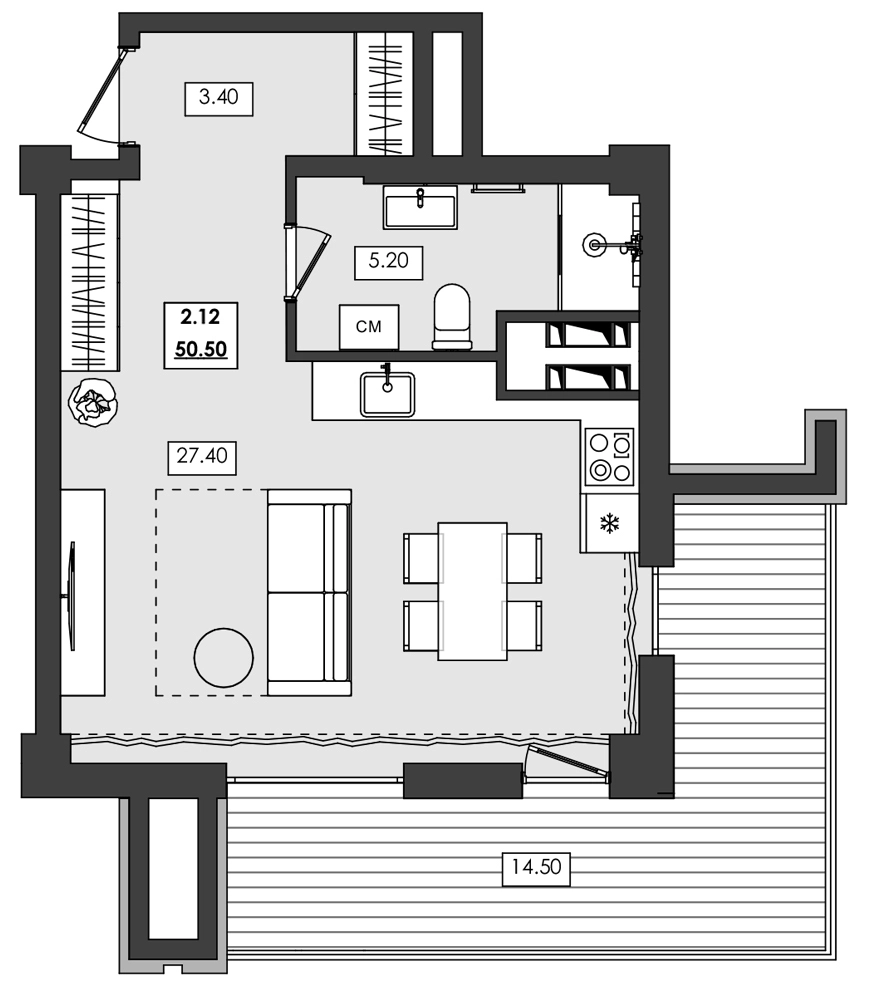 Апартаменты 1-комн. 50.5 кв. м