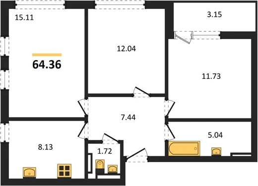 Квартира 3-комн. 64.36 кв. м
