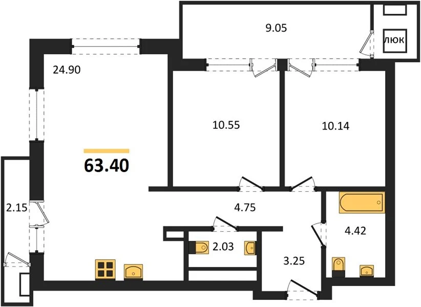 Квартира 2-комн. 63.4 кв. м