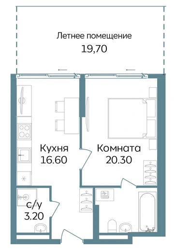 Апартаменты 2-комн. 59.8 кв. м