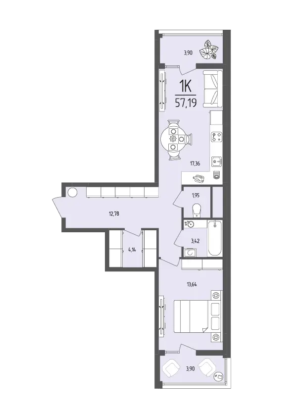 Квартира 1-комн. 57.19 кв. м