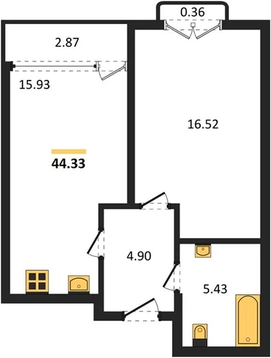 Квартира 1-комн. 44.33 кв. м