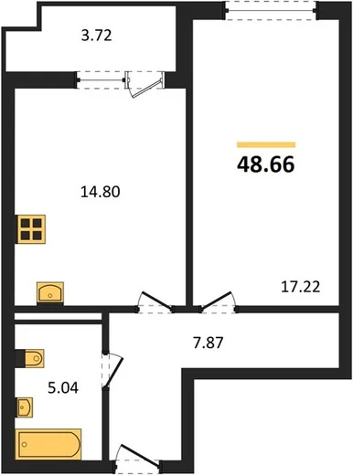 Квартира 1-комн. 48.66 кв. м