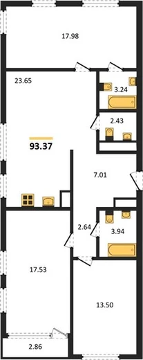 Квартира 3-комн. 93.37 кв. м