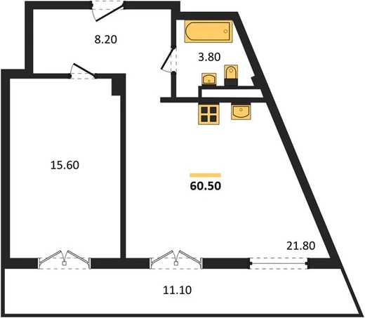 Квартира 1-комн. 60.5 кв. м