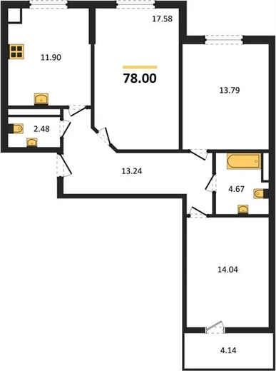Квартира 3-комн. 77.9 кв. м